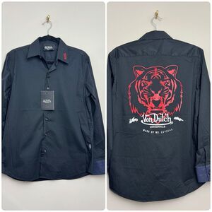 Von Dutch Mens Button Down Shirt Size Small Black Logo Back Cotton Long Sleeve